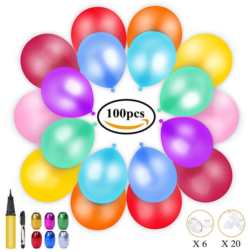 100 globos de colores, bomba para inflar y cintas