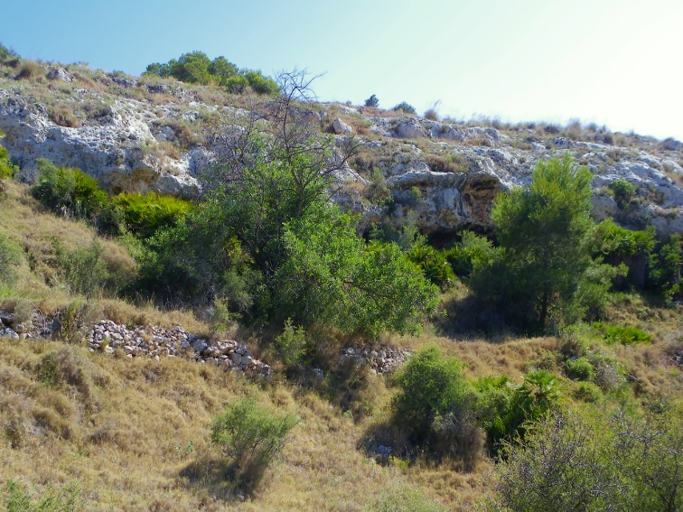ladera del barranco de la tia amalia con muros de piedras y grietas en la roca santa pola