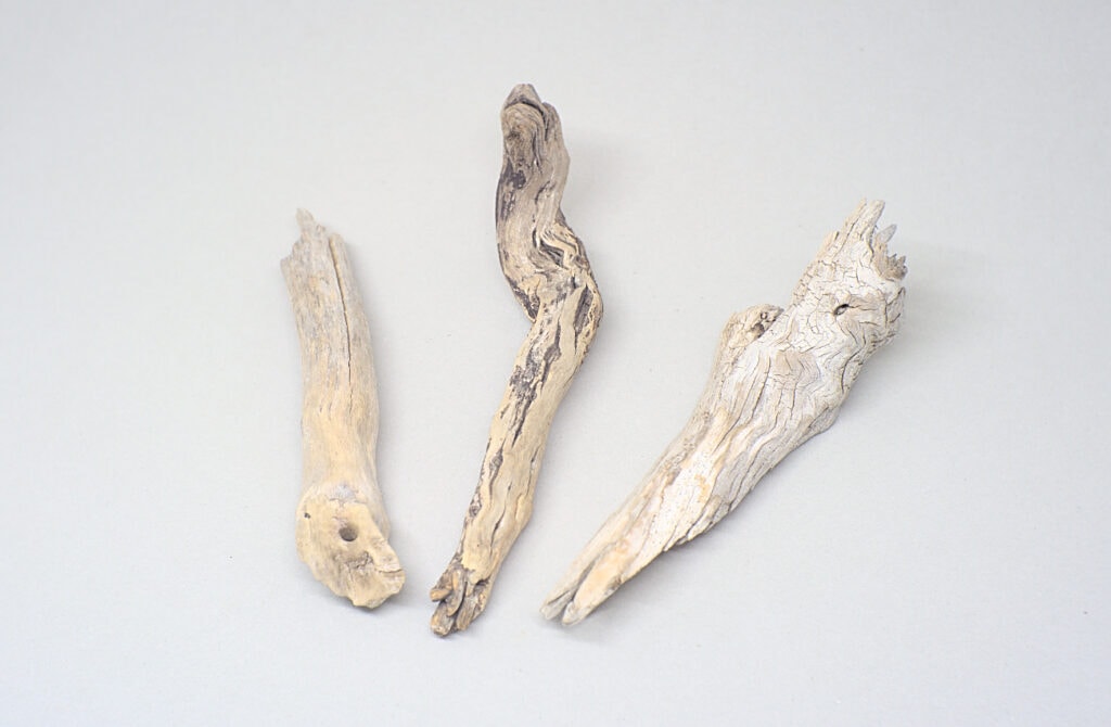 tres fragmentos pequeños de madera de deriva