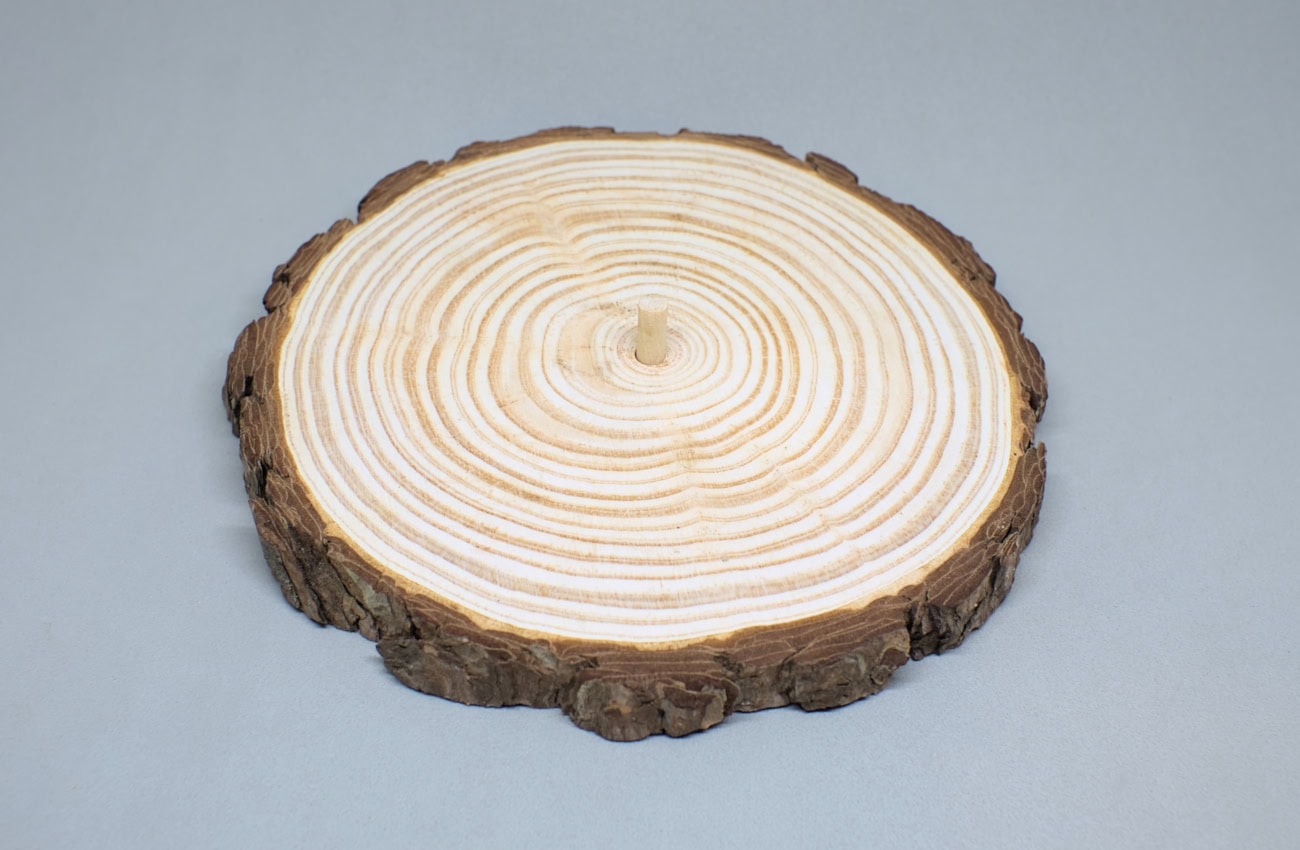 rodaja de madera de pino con orificio central y espiga