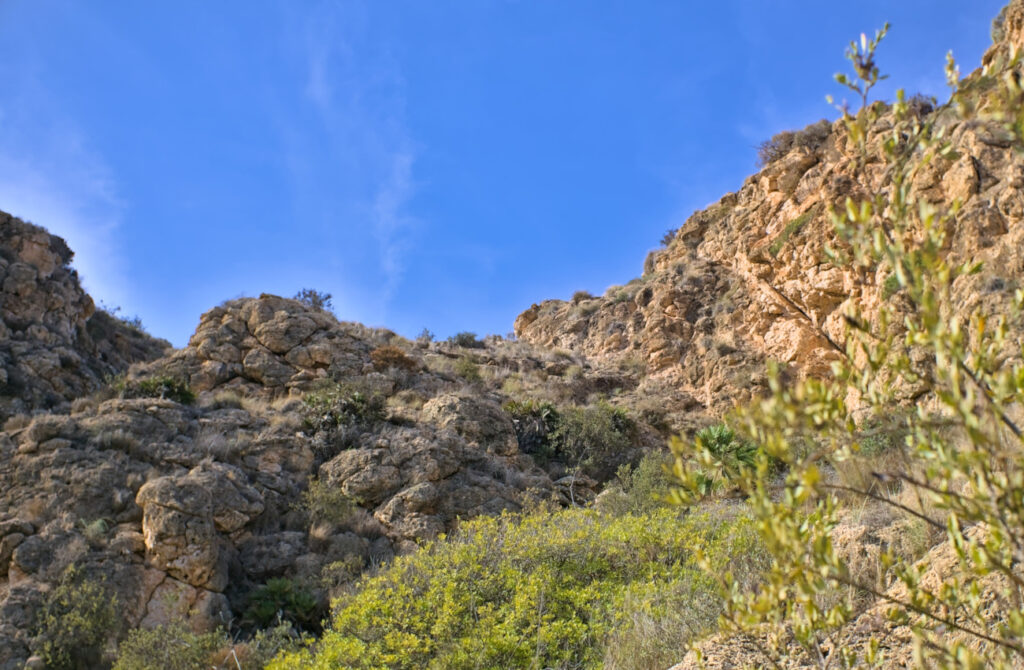 final del cauce del barranco massis con paredes en forma de peñasco santa pola
