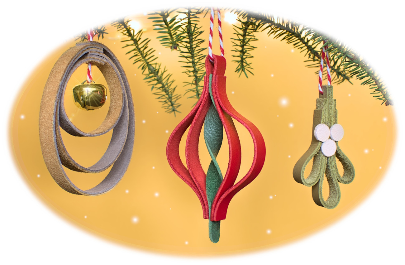 colgantes de navidad hechos con cuero de colores en tiras