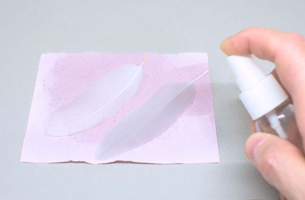 pulverizando alcohol 96 grados sobre plumas naturales